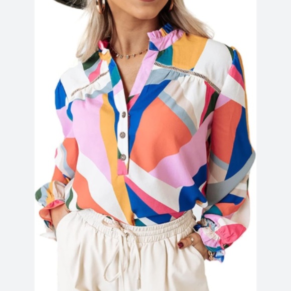 Fate Tops - Fate Pink and Blue 3/4 Sleeve Button Down Blouse